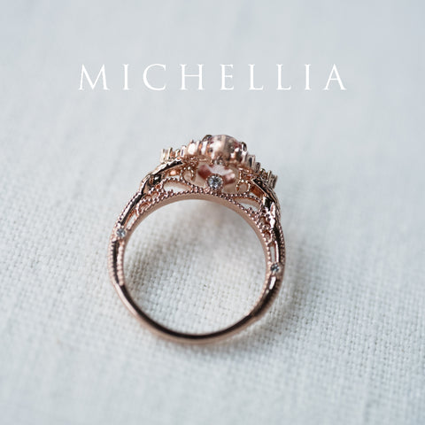 [Marietta] Ready-to-Ship Belle Époque Peach Pink Sapphire Oval Engagement Ring with Diamond, One of A Kind Women's Ring michelliafinejewelry