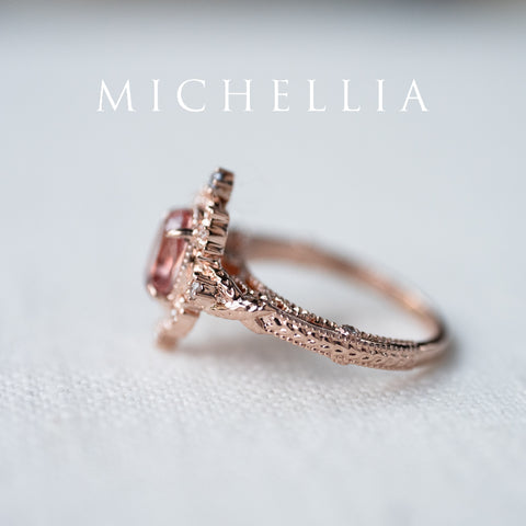 [Marietta] Ready-to-Ship Belle Époque Peach Pink Sapphire Oval Engagement Ring with Diamond, One of A Kind Women's Ring michelliafinejewelry