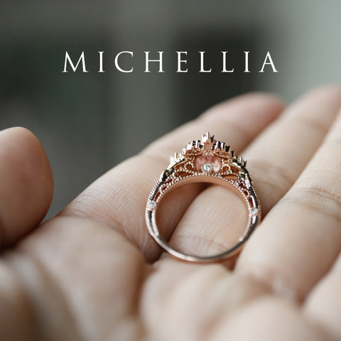 [Marietta] Ready-to-Ship Belle Époque Peach Pink Sapphire Oval Engagement Ring with Diamond, One of A Kind Women's Ring michelliafinejewelry