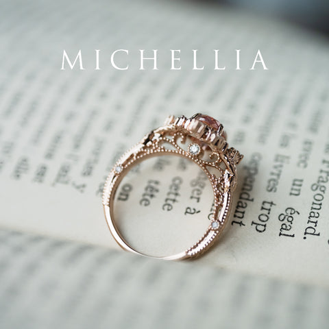 [Marietta] Ready-to-Ship Belle Époque Peach Pink Sapphire Oval Engagement Ring with Diamond, One of A Kind Women's Ring michelliafinejewelry