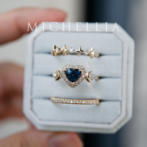 [Seraphina] Natural Teal Sapphire Heart Cut Moon Goddess Engagement Ring, 14K Yellow Gold - Ready to Ship & One of A Kind