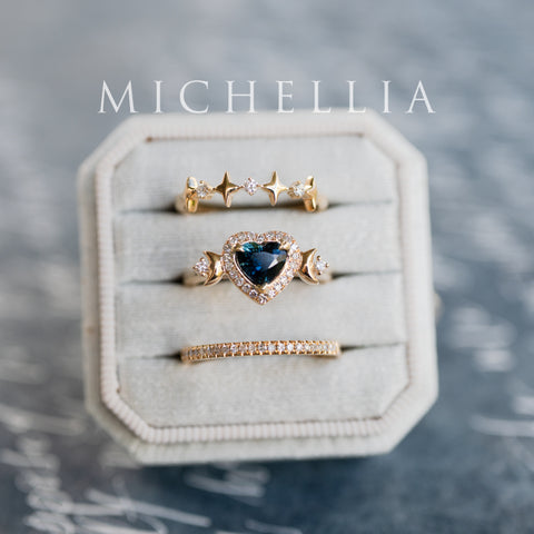 [Seraphina] Natural Teal Sapphire Heart Cut Moon Goddess Engagement Ring, 14K Yellow Gold - Ready to Ship & One of A Kind