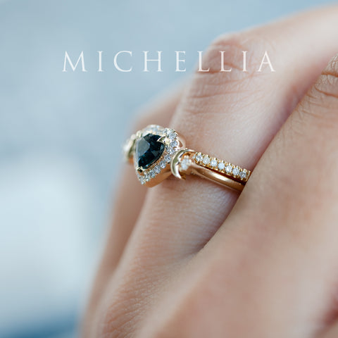 [Seraphina] Natural Teal Sapphire Heart Cut Moon Goddess Engagement Ring, 14K Yellow Gold - Ready to Ship & One of A Kind
