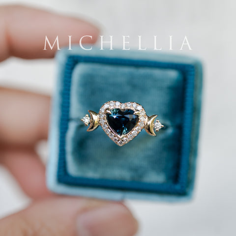 [Seraphina] Natural Teal Sapphire Heart Cut Moon Goddess Engagement Ring, 14K Yellow Gold - Ready to Ship & One of A Kind