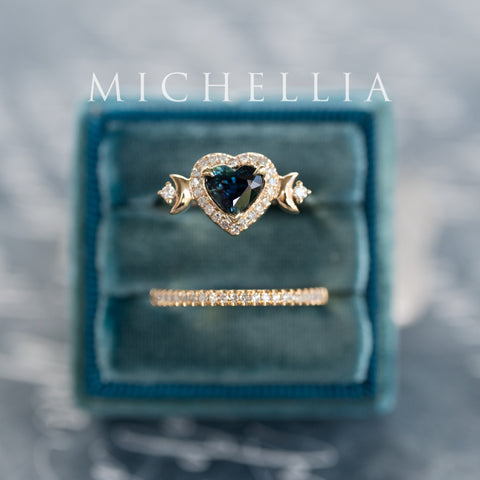 [Seraphina] Natural Teal Sapphire Heart Cut Moon Goddess Engagement Ring, 14K Yellow Gold - Ready to Ship & One of A Kind