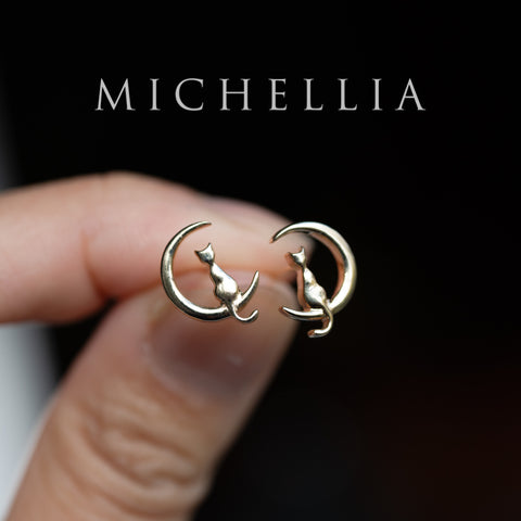 [Mitsuki] Limited Edition Cat and Crescent Moon Earrings, Solid Gold or Sterling Silver