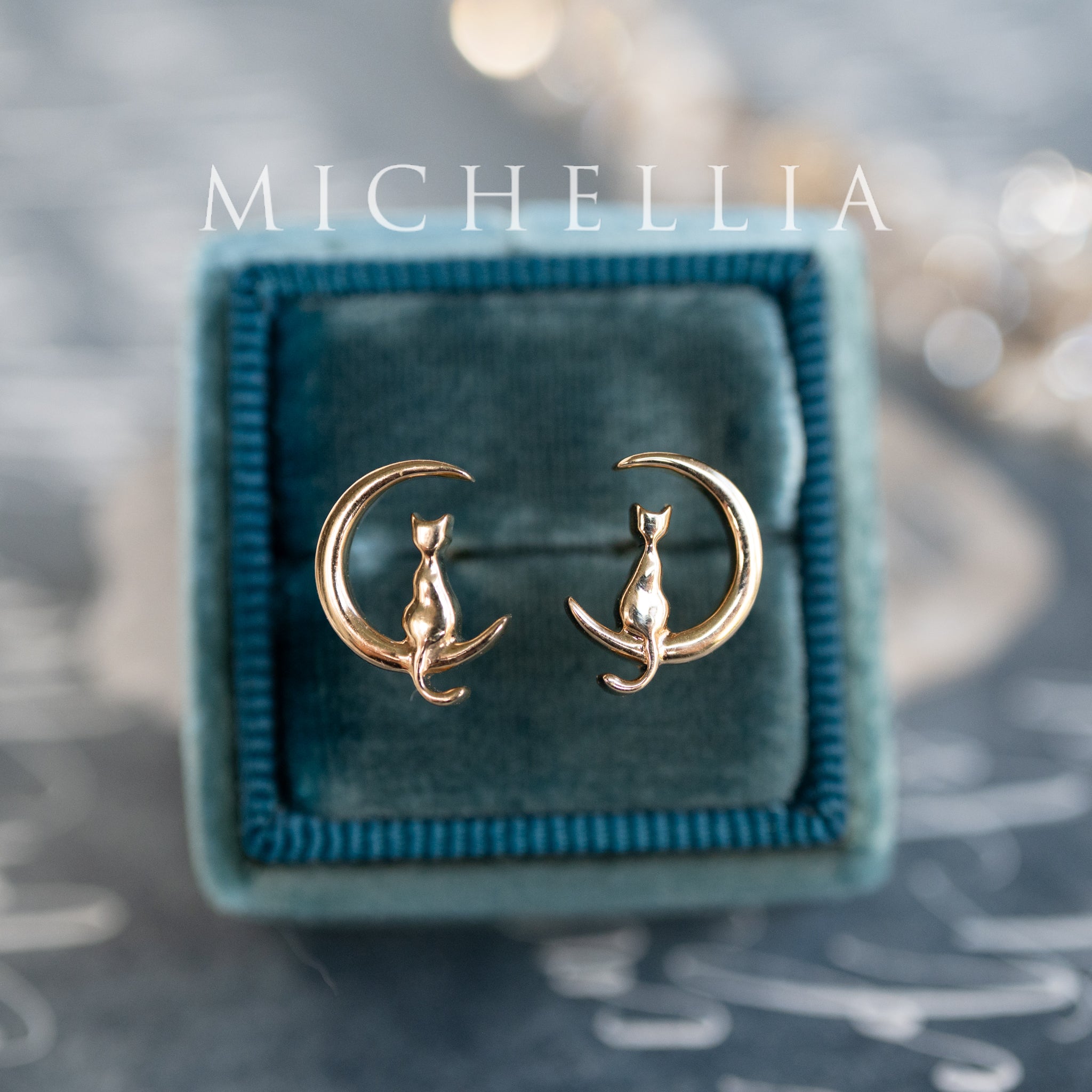[Mitsuki] Limited Edition Cat and Crescent Moon Earrings, Solid Gold or Sterling Silver