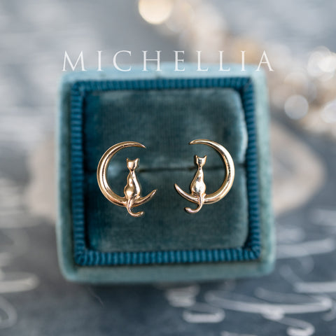 [Mitsuki] Limited Edition Cat and Crescent Moon Earrings, Solid Gold or Sterling Silver