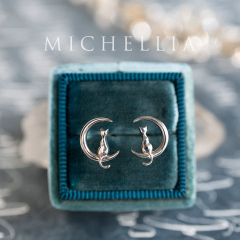 [Mitsuki] Limited Edition Cat and Crescent Moon Earrings, Solid Gold or Sterling Silver