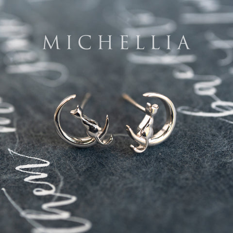 [Mitsuki] Limited Edition Cat and Crescent Moon Earrings, Solid Gold or Sterling Silver
