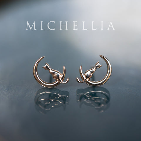 [Mitsuki] Limited Edition Cat and Crescent Moon Earrings, Solid Gold or Sterling Silver
