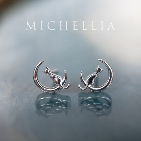 [Mitsuki] Limited Edition Cat and Crescent Moon Earrings, Solid Gold or Sterling Silver