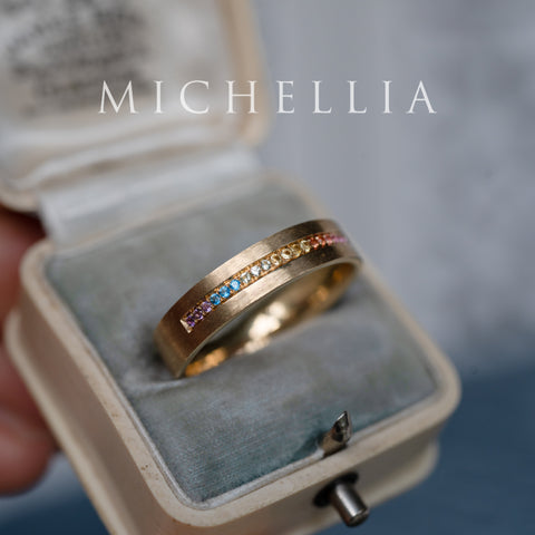 [Helios] God of Light Rainbow Gemstone Channel Set Wedding Band with sapphires, topaz, amethyst & peridot, 14K Yellow Gold - Ready-to-Ship & One-of-A-Kind