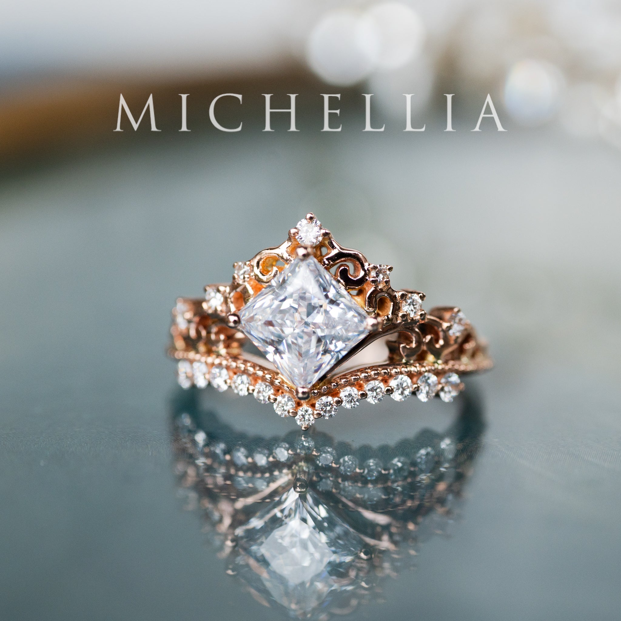 [Florentina] Vintage Crown Princess Cut Moissanite/Diamond Engagement Ring, One-of-A-Kind & Ready-to-Ship