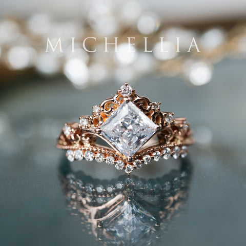 [Florentina] Vintage Crown Princess Cut Moissanite/Diamond Engagement Ring, One-of-A-Kind & Ready-to-Ship Women's Ring michelliafinejewelry