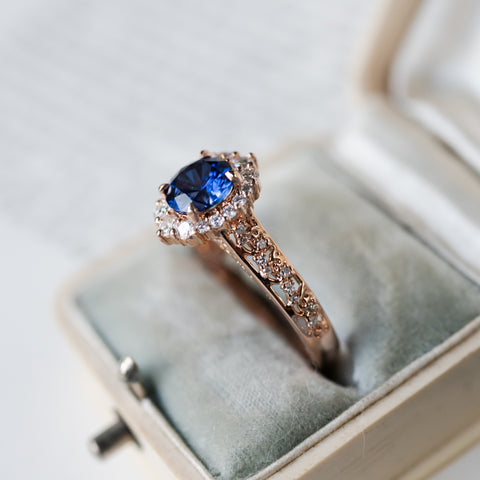 [Ophelia] Royal Blue Sapphire Engagement Ring, 14K Rose Gold - One of A Kind & Ready-to-Ship