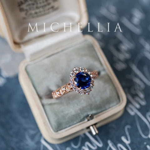 [Ophelia] Royal Blue Sapphire Engagement Ring, 14K Rose Gold - One of A Kind & Ready-to-Ship