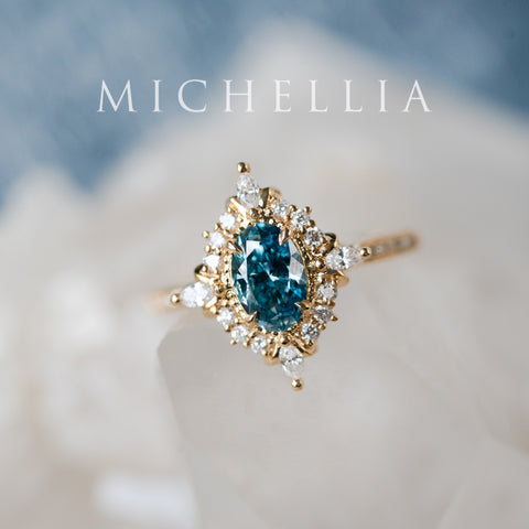 [Alessandra] IGI certified Teal Blue Diamond Engagement Ring, 18K Yellow Gold - One of A Kind & Ready-to-Ship
