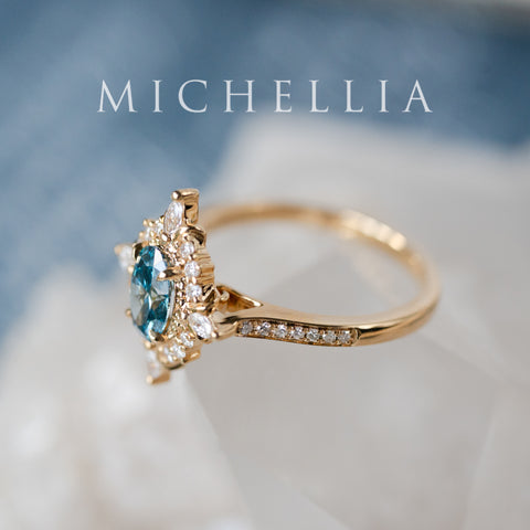 [Alessandra] IGI certified Teal Blue Diamond Engagement Ring, 18K Yellow Gold - One of A Kind & Ready-to-Ship