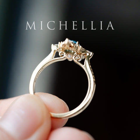 [Alessandra] IGI certified Teal Blue Diamond Engagement Ring, 18K Yellow Gold - One of A Kind & Ready-to-Ship