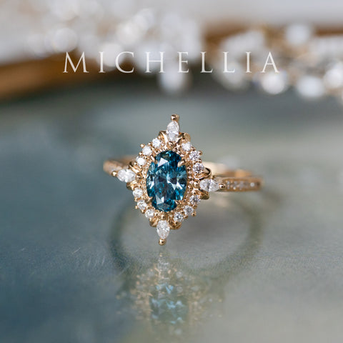 [Alessandra] IGI certified Teal Blue Diamond Engagement Ring, 18K Yellow Gold - One of A Kind & Ready-to-Ship