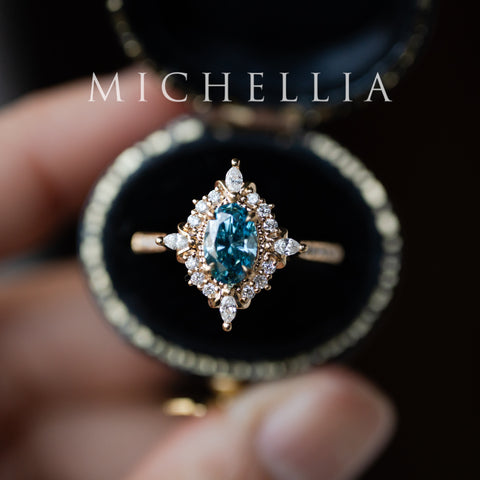 [Alessandra] IGI certified Teal Blue Diamond Engagement Ring, 18K Yellow Gold - One of A Kind & Ready-to-Ship