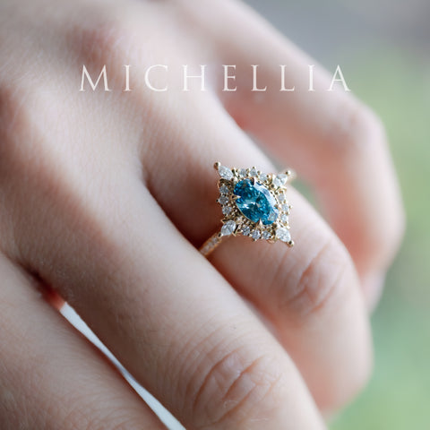 [Alessandra] IGI certified Teal Blue Diamond Engagement Ring, 18K Yellow Gold - One of A Kind & Ready-to-Ship