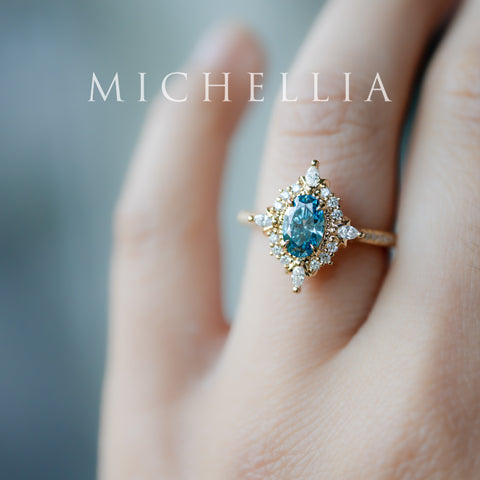 [Alessandra] IGI certified Teal Blue Diamond Engagement Ring, 18K Yellow Gold - One of A Kind & Ready-to-Ship