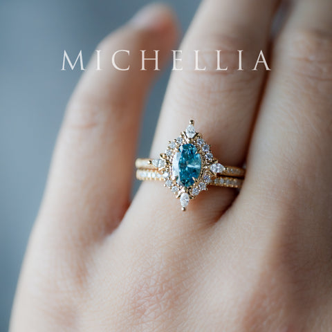 [Alessandra] IGI certified Teal Blue Diamond Engagement Ring, 18K Yellow Gold - One of A Kind & Ready-to-Ship
