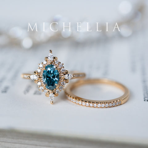 [Alessandra] IGI certified Teal Blue Diamond Engagement Ring, 18K Yellow Gold - One of A Kind & Ready-to-Ship