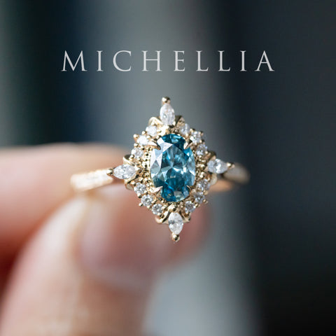[Alessandra] IGI certified Teal Blue Diamond Engagement Ring, 18K Yellow Gold - One of A Kind & Ready-to-Ship