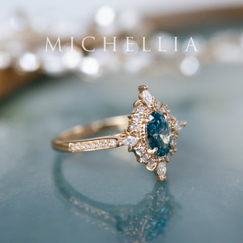 [Alessandra] IGI certified Teal Blue Diamond Engagement Ring, 18K Yellow Gold - One of A Kind & Ready-to-Ship