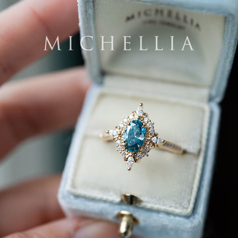 [Alessandra] IGI certified Teal Blue Diamond Engagement Ring, 18K Yellow Gold - One of A Kind & Ready-to-Ship