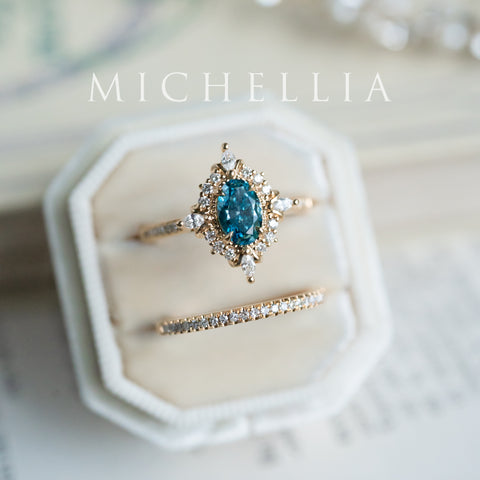 [Alessandra] IGI certified Teal Blue Diamond Engagement Ring, 18K Yellow Gold - One of A Kind & Ready-to-Ship