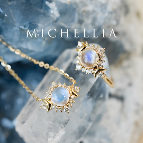 [Selene] Ready-to-Ship Moon Goddess Moosntone & Diamond Necklace Earrings michelliafinejewelry