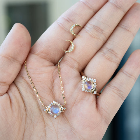 [Selene] Ready-to-Ship Moon Goddess Moosntone & Diamond Necklace Earrings michelliafinejewelry