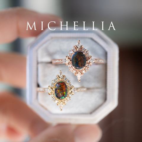 [Alessandra] Art Deco Oval Black Lab Opal Engagement Ring, 14K Yellow Gold - One of A Kind & Ready-to-Ship Women's Ring michelliafinejewelry