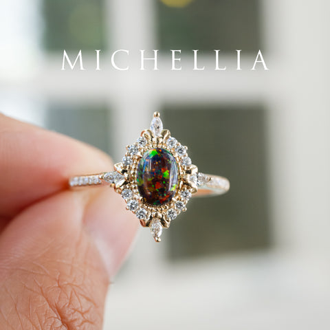 [Alessandra] Art Deco Oval Black Lab Opal Engagement Ring, 14K Yellow Gold - One of A Kind & Ready-to-Ship Women's Ring michelliafinejewelry   