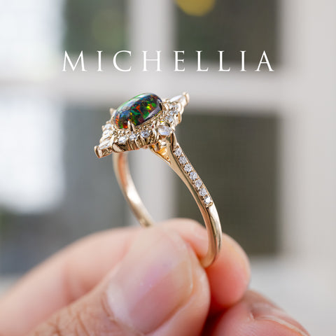 [Alessandra] Art Deco Oval Black Lab Opal Engagement Ring, 14K Yellow Gold - One of A Kind & Ready-to-Ship Women's Ring michelliafinejewelry   