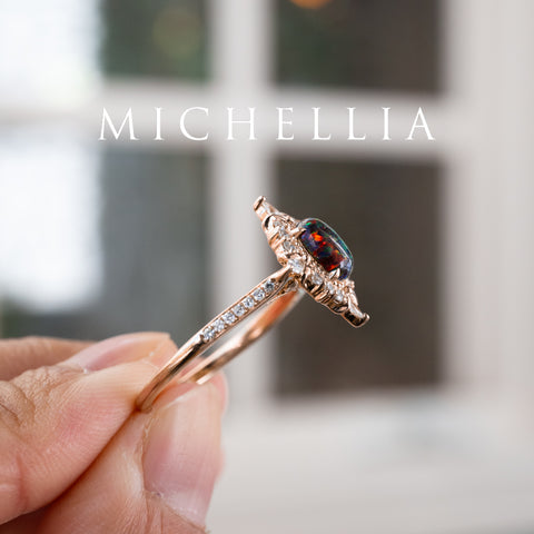 [Alessandra] Art Deco Oval Australian Black Opal Engagement Ring, 14K Rose Gold - One of A Kind & Ready-to-Ship Women's Ring michelliafinejewelry   