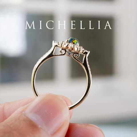 [Alessandra] Art Deco Oval Black Lab Opal Engagement Ring, 14K Yellow Gold - One of A Kind & Ready-to-Ship Women's Ring michelliafinejewelry   