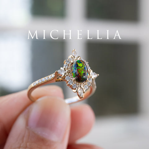[Alessandra] Art Deco Oval Black Lab Opal Engagement Ring, 14K Yellow Gold - One of A Kind & Ready-to-Ship Women's Ring michelliafinejewelry   