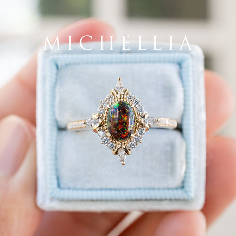 [Alessandra] Art Deco Oval Black Lab Opal Engagement Ring, 14K Yellow Gold - One of A Kind & Ready-to-Ship Women's Ring michelliafinejewelry   