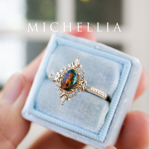 [Alessandra] Art Deco Oval Black Lab Opal Engagement Ring, 14K Yellow Gold - One of A Kind & Ready-to-Ship Women's Ring michelliafinejewelry   