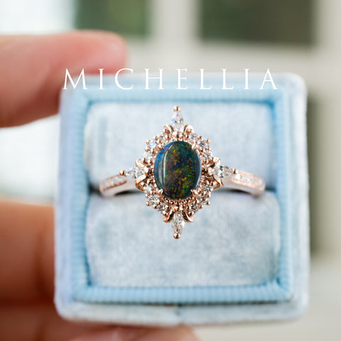 [Alessandra] Art Deco Oval Australian Black Opal Engagement Ring, 14K Rose Gold - One of A Kind & Ready-to-Ship Women's Ring michelliafinejewelry   