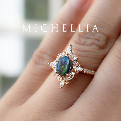 [Alessandra] Art Deco Oval Australian Black Opal Engagement Ring, 14K Rose Gold - One of A Kind & Ready-to-Ship Women's Ring michelliafinejewelry   