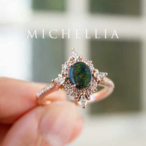 [Alessandra] Art Deco Oval Australian Black Opal Engagement Ring, 14K Rose Gold - One of A Kind & Ready-to-Ship Women's Ring michelliafinejewelry   