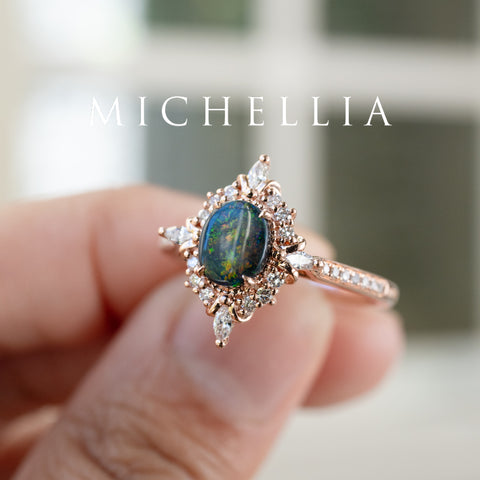 [Alessandra] Art Deco Oval Australian Black Opal Engagement Ring, 14K Rose Gold - One of A Kind & Ready-to-Ship Women's Ring michelliafinejewelry   