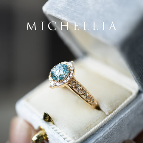 [Ophelia] IGI Certified Blue Diamond Rococo Engagement Ring, 14K Yellow Gold - One of A Kind Women's Ring michelliafinejewelry