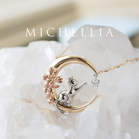[Elune] Moonlight Cat in Rose Garden Solid Gold Necklace - One of A Kind & Ready-to-Ship Necklace michelliafinejewelry   